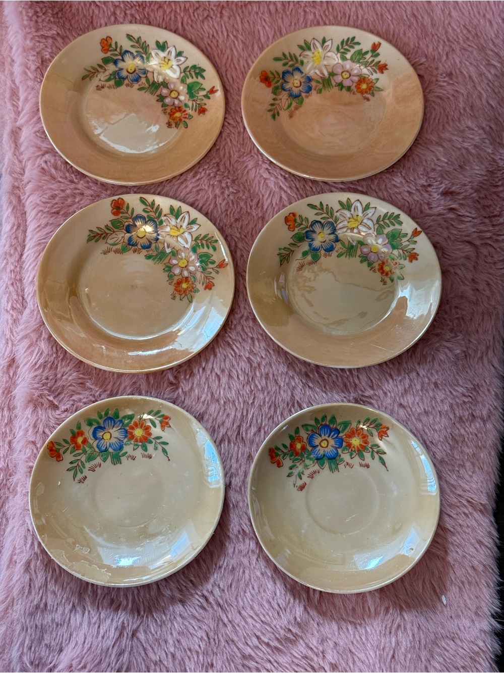 Size 3.75" - Vintage 1930s Japanese Lusterware Floral Mini Plates Set of 6